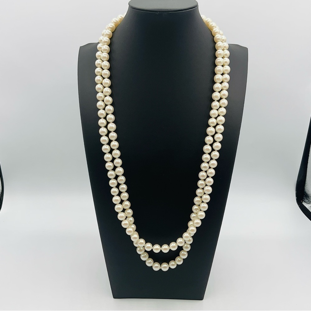 Pearl Necklace Two Layers Strand Faux Bead Crystal Rhinestone Clasp Silver Tone